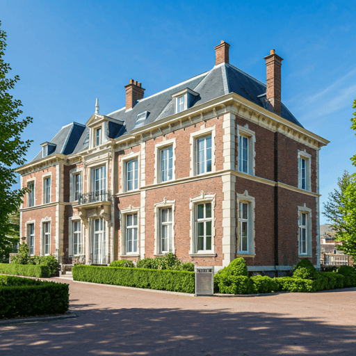 Villa familiale belge à l'architecture classique, entourée d'un jardin arboré.